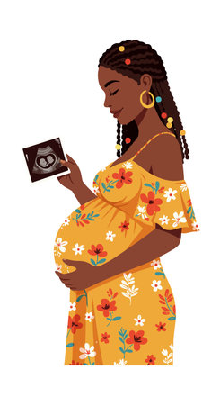 Pregnant woman in yellow floral dress holds ultrasound image, symbolizing maternity and anticipation, with warm and hopeful mood.のイラスト素材