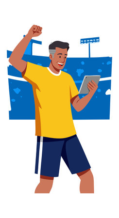 Illustration shows young man in yellow shirt celebrating victory while holding a tablet in a stadium setting, energetic mood.のイラスト素材