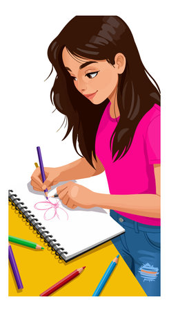 Young girl with dark hair draws a flower in a sketchbook using colored pencils on yellow table, creative and focused mood.のイラスト素材