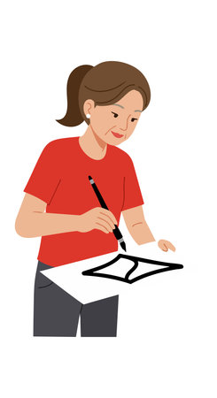A woman wearing a red shirt and gray pants paints on paper using a brush in a simple flat style illustration. Calm atmosphere.のイラスト素材