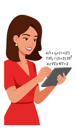 Illustration of a woman in a red dress holding a digital tablet while solving math equations, conveying focus and intelligence. Bright mood.のイラスト素材