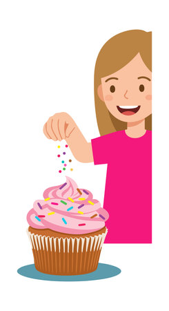 Illustration shows a girl happily adding colorful sprinkles on a pink frosted cupcake in a cheerful and playful mood.のイラスト素材