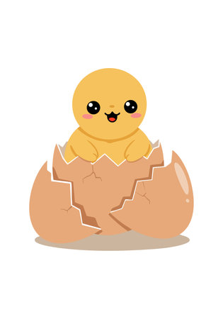 A cute baby chick is hatching from a cracked egg shell, symbolizing new life and springtime, creating a joyful and playful mood.のイラスト素材