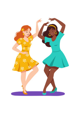 Two women dancing joyfully wearing yellow and teal summer dresses with floral patterns, expressing happiness and celebration in bright lighting. Cheerful mood.のイラスト素材