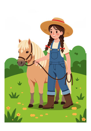 A girl with braided hair wearing denim overalls holds a light brown horse in a grassy field with bushes and scattered yellow flowers, cheerful mood.のイラスト素材