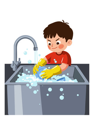 Boy wearing yellow gloves washes dishes in a kitchen sink with running water and soap bubbles in a bright scene. Cheerful mood.のイラスト素材
