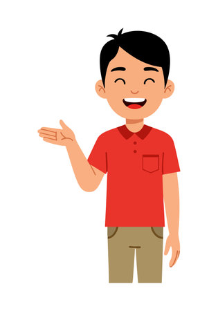 Illustration shows a happy young boy smiling and gesturing with one hand, wearing a casual red shirt and beige pants, cheerful mood.のイラスト素材