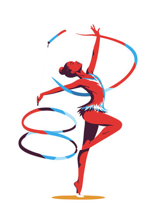 Illustration shows rhythmic gymnast dancing gracefully with red and blue ribbon in a fluid motion, expressing elegance and strength, energetic mood.のイラスト素材