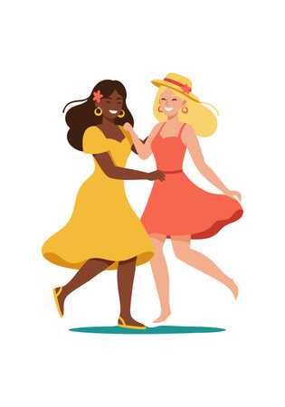 Two women dancing happily outdoors wearing summer dresses, one with a hat and earrings, in a lively and cheerful scene.のイラスト素材