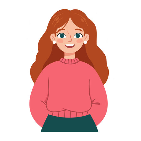 Illustration shows a smiling woman with red hair wearing a pink sweater and dark skirt, presenting a cheerful and friendly expression. Bright mood.のイラスト素材