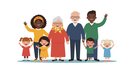 Diverse multigenerational family stands holding hands smiling happily in a bright flat vector...