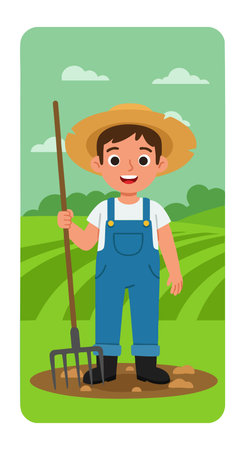 Illustration shows a young farmer boy wearing blue overalls and a straw hat holding a pitchfork in a green field under cloudy sky. Cheerful mood.のイラスト素材