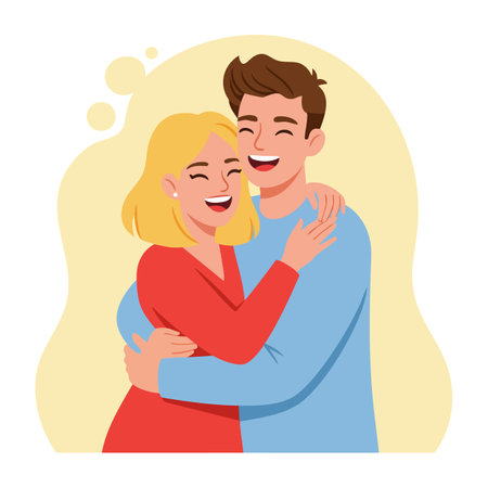 Illustration shows a man and woman embracing each other with smiles, expressing warmth and happiness in a cheerful mood.のイラスト素材