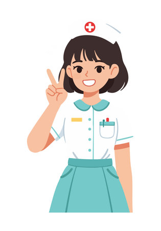 Illustration shows a cheerful female nurse wearing a white uniform and cap, making a peace sign with her hand in a friendly pose. Positive mood.のイラスト素材