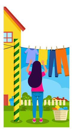 Woman hangs colorful clothes on a clothesline outside a yellow house in a green yard under clear sky, creating a peaceful scene. Calm mood.のイラスト素材