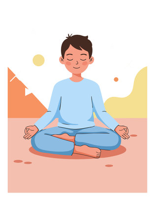 A boy in blue clothes sits cross-legged meditating in a calm outdoor setting with soft pastel shapes around, creating a peaceful mood.のイラスト素材