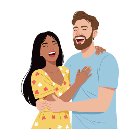 Illustration shows joyful couple hugging and laughing, expressing happiness and affection in a warm, friendly mood.のイラスト素材