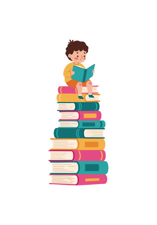 Illustration shows a child sitting on a tall stack of colorful books reading intently, evoking a calm and focused mood.のイラスト素材