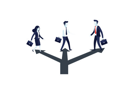 Three business professionals walk on a diverging arrow path symbolizing decision making and career direction in a corporate environment. Motivational mood.のイラスト素材