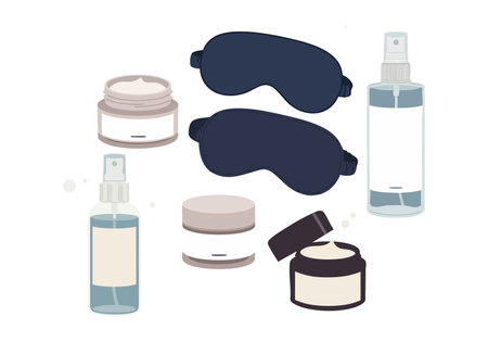 This vector shows skincare cream jars, facial mist bottles, and sleep masks in soft pastel colors, evoking calmness and relaxation.のイラスト素材