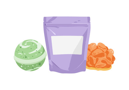 Vector illustration shows a green bath bomb, purple resealable package, and orange bath salts for spa treatments and self care, calm mood.のイラスト素材