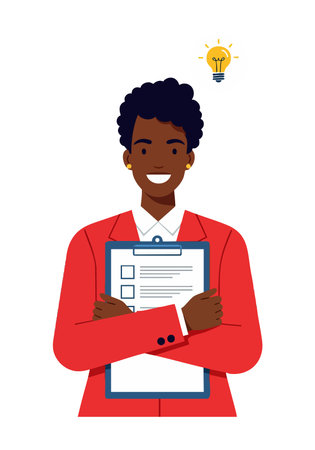 Illustration of a confident businesswoman holding a clipboard with a glowing light bulb above symbolizing ideas and creativity. Positive mood.のイラスト素材