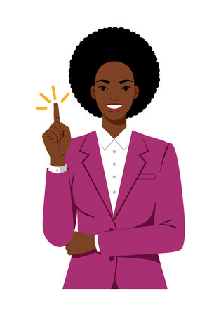 Illustration shows an African American woman in a purple blazer smiling and pointing upward with a glowing fingertip, conveying confidence and positivity. Bright mood.のイラスト素材