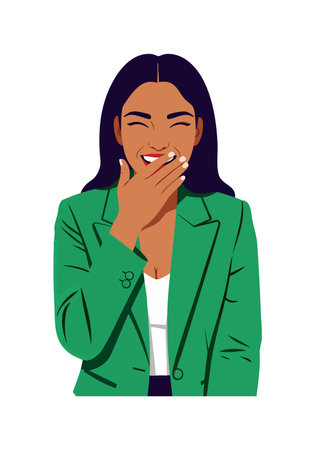 Illustration shows a young woman laughing and covering her mouth in a green blazer with dark hair, presenting a casual and joyful mood.のイラスト素材