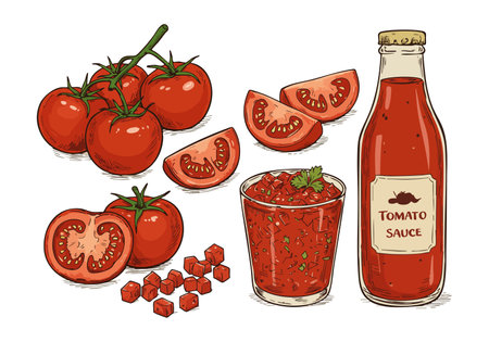 This vector illustration shows fresh ripe tomatoes, slices, sauce bottle and glass with herbs in a natural style. Vibrant and appetizing mood.のイラスト素材