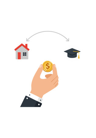 Illustration shows a hand holding a coin between house and graduation cap icons, symbolizing investment in education and real estate, with neutral mood.のイラスト素材