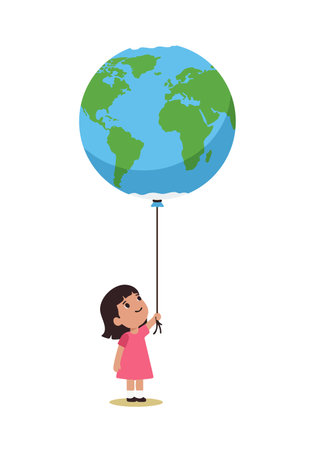 A girl in a pink dress holds a large earth globe balloon with blue oceans and green continents, creating a playful and imaginative scene. Cheerful.のイラスト素材