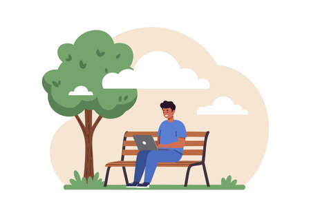 Illustration shows a man sitting on a bench using a laptop beside a tree with clouds in the background in a calm outdoor scene. Peaceful mood.のイラスト素材