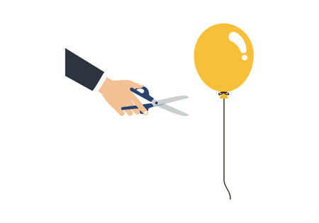 Illustration shows a hand holding scissors cutting a yellow balloon string, symbolizing separation or release, with bright and simple style. Calm mood.のイラスト素材