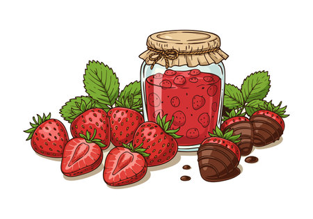 Illustration shows a jar of red strawberry jam surrounded by fresh strawberries and chocolate dipped fruits in natural colors. Cheerful mood.のイラスト素材