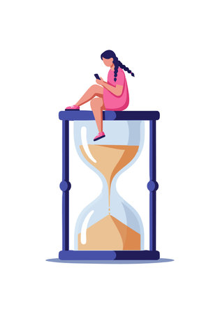 Illustration shows woman sitting on large hourglass, focused on smartphone, symbolizing time management and patience in calm mood.のイラスト素材