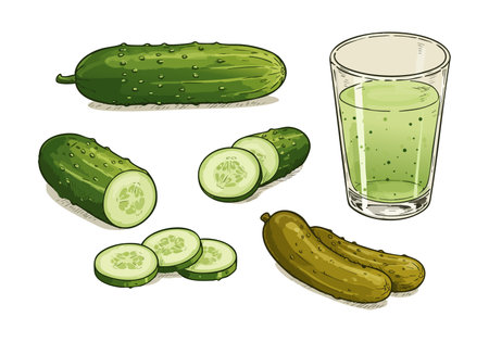 Illustration shows whole and sliced cucumbers with a glass of green cucumber juice in a natural style, creating a fresh and healthy mood.のイラスト素材