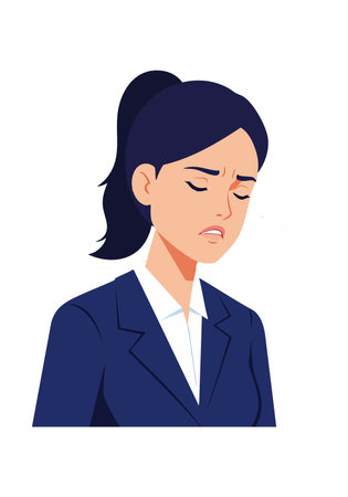 Illustration of a businesswoman with dark hair and closed eyes expressing stress and worry in professional attire, conveying anxiety and tension mood.のイラスト素材