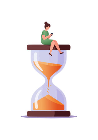 Woman in green dress sits on top of a large hourglass checking her smartphone, symbolizing time...