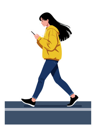 Illustration shows young woman walking while focused on smartphone, wearing yellow jacket and jeans, in a casual urban setting, calm mood.のイラスト素材
