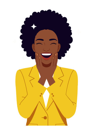 Illustration shows an African American woman with afro hairstyle smiling brightly and holding her face, conveying joy and happiness in a cheerful mood.のイラスト素材