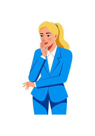 Illustration shows a woman in a blue business suit whispering with a secretive expression in a portrait orientation. Professional mood.のイラスト素材