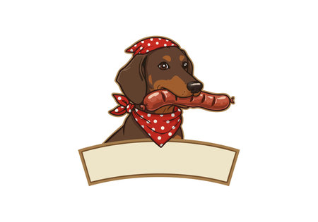 Dachshund dog wearing a red polka dot bandana holds a sausage in its mouth above a blank banner, playful and charming.のイラスト素材