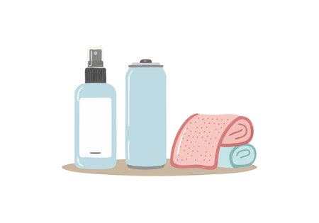 Image shows a spray bottle, aerosol can, and two towels in soft pastel colors representing cleaning and personal care, calm and clean.のイラスト素材