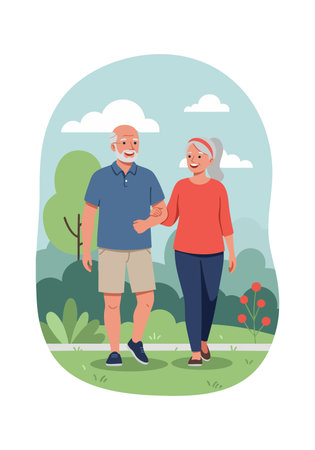 Elderly couple walks hand in hand outdoors in casual clothes with trees and clouds in background creating a joyful mood.のイラスト素材