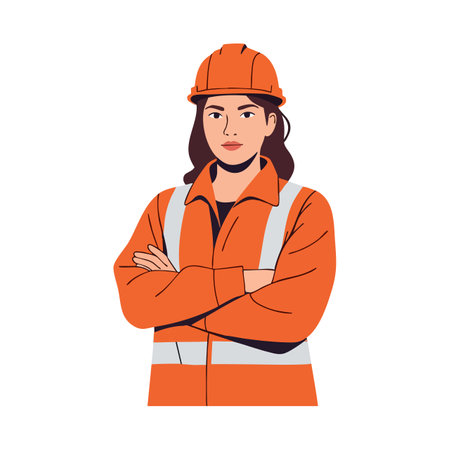 Illustration shows a female construction worker with crossed arms, wearing an orange safety helmet and reflective jacket, expressing confidence and professionalism.のイラスト素材