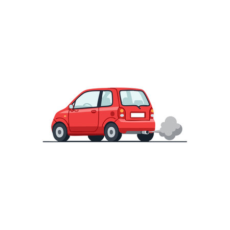 Illustration shows a red compact car emitting exhaust smoke from the rear in a simple side view, conveying environmental impact mood.のイラスト素材