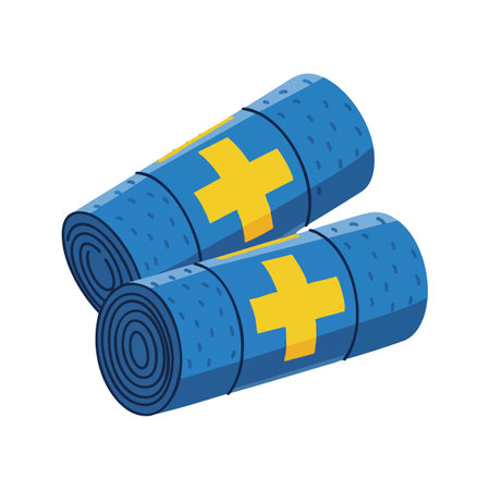 Two blue medical bandage rolls with yellow cross symbols representing first aid and healthcare in a clean vector style, calm mood.のイラスト素材