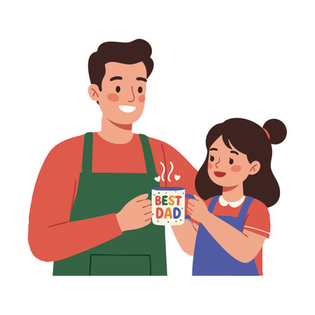 Father and daughter share a joyful moment holding a steaming Best Dad mug, celebrating Fathers Day with warmth and happiness. Cheerful mood.のイラスト素材