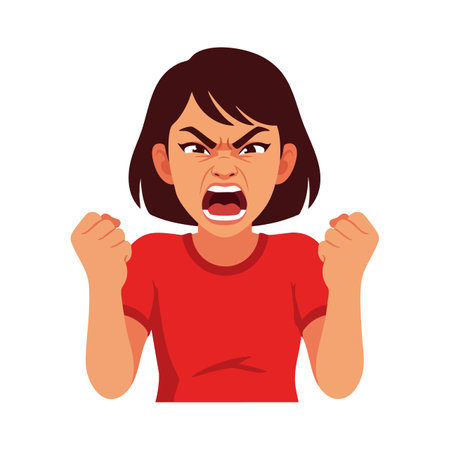 Illustration shows an angry young woman shouting with clenched fists wearing a red shirt, expressing intense emotion and frustration. Energetic mood.のイラスト素材