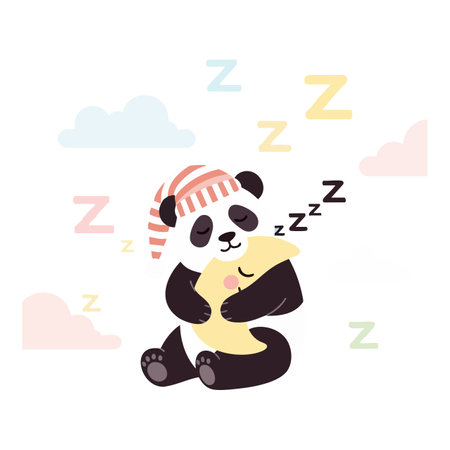 Cute panda bear wearing a nightcap cuddles a crescent moon surrounded by clouds and colorful zzz symbols in a peaceful scene. Calm mood.のイラスト素材